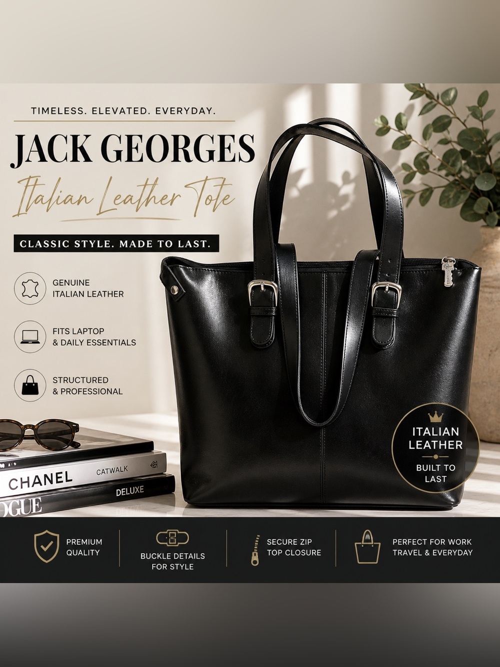 Jack Georges Black Italian Leather Tote Bag Structured Work Laptop Purse